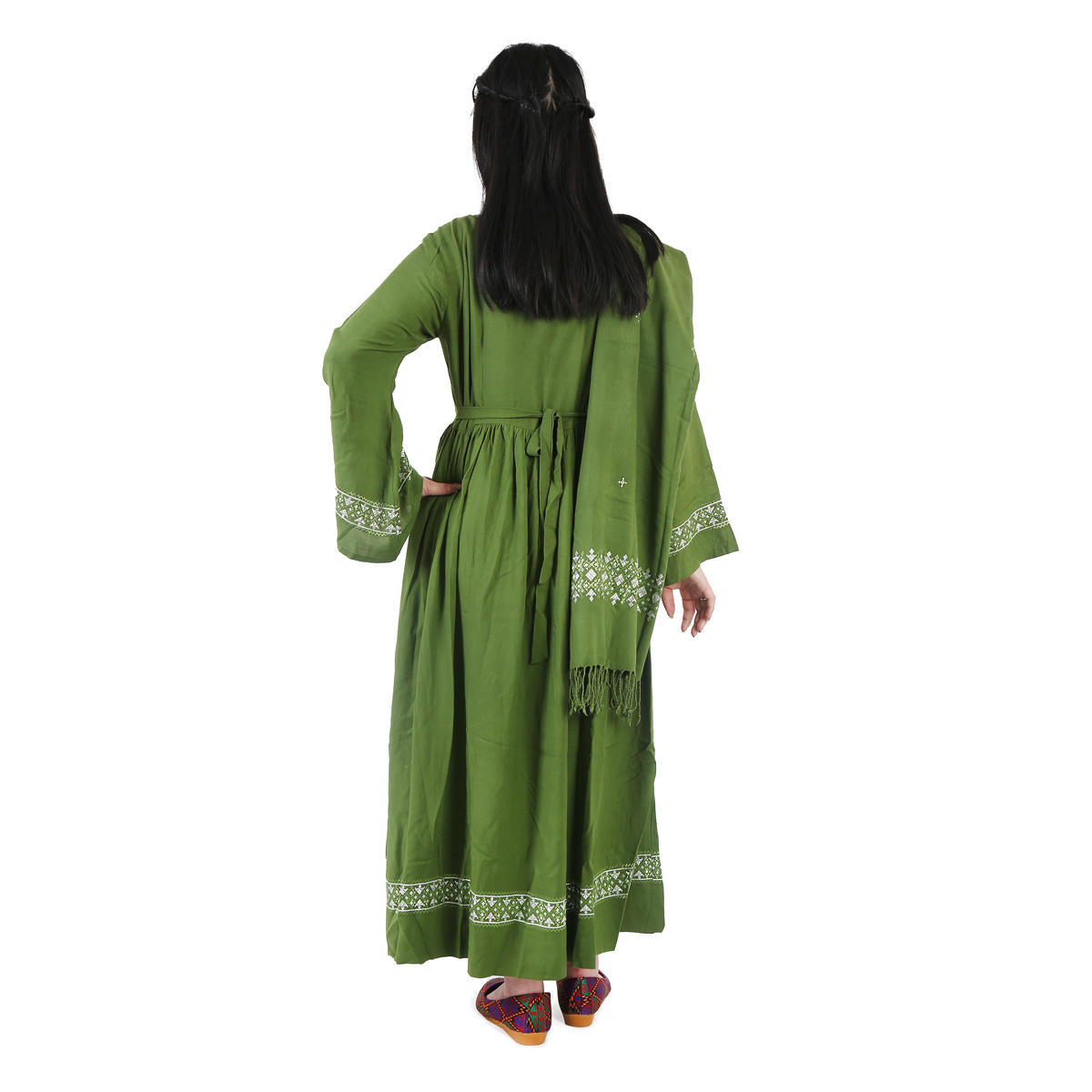 Green Hazaragi Dress With Scarf | Simple Embroidered Pleated Cotton Dress