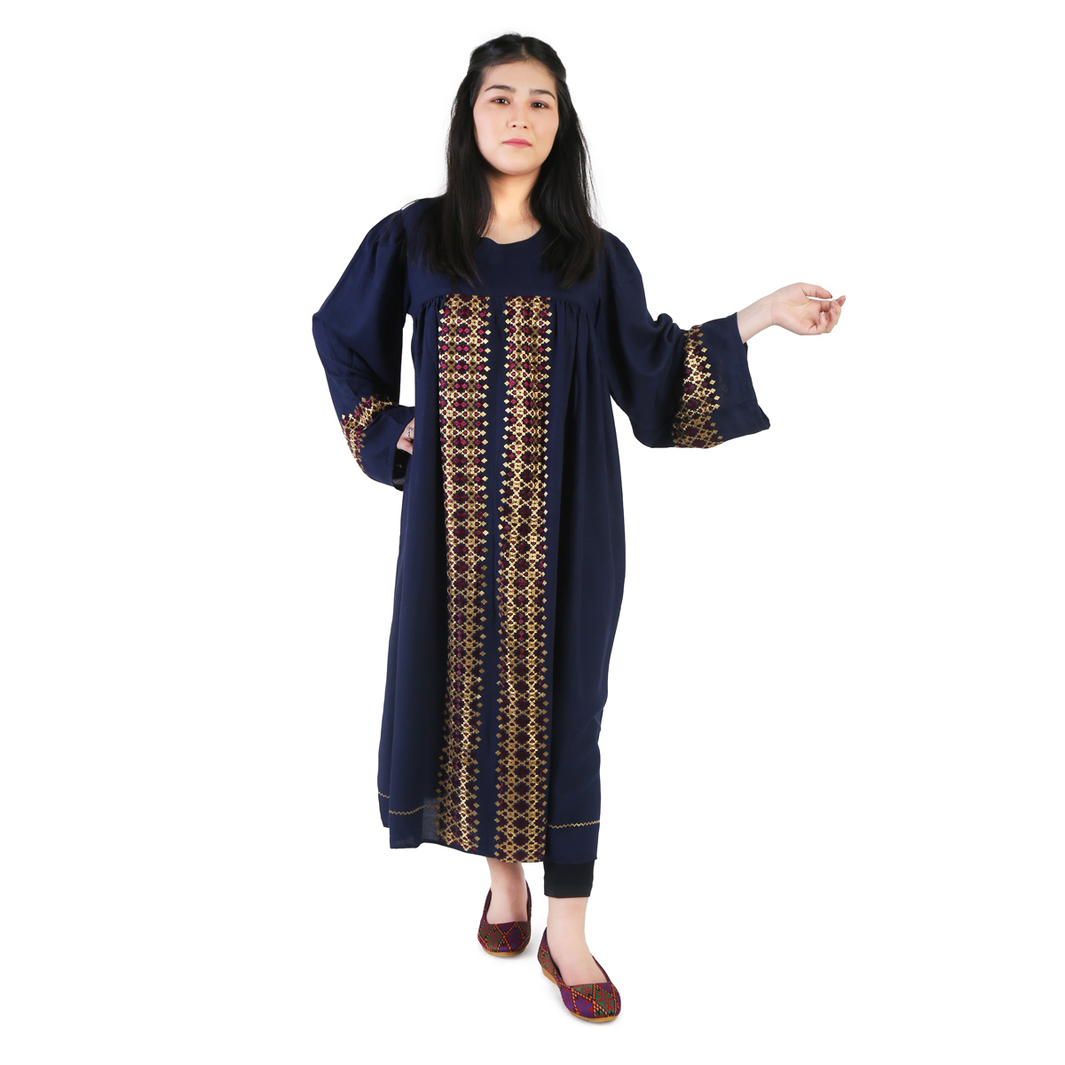 Oversize Embroidered Hazaragi Dress | Navy Blue Traditional Cotton Gown