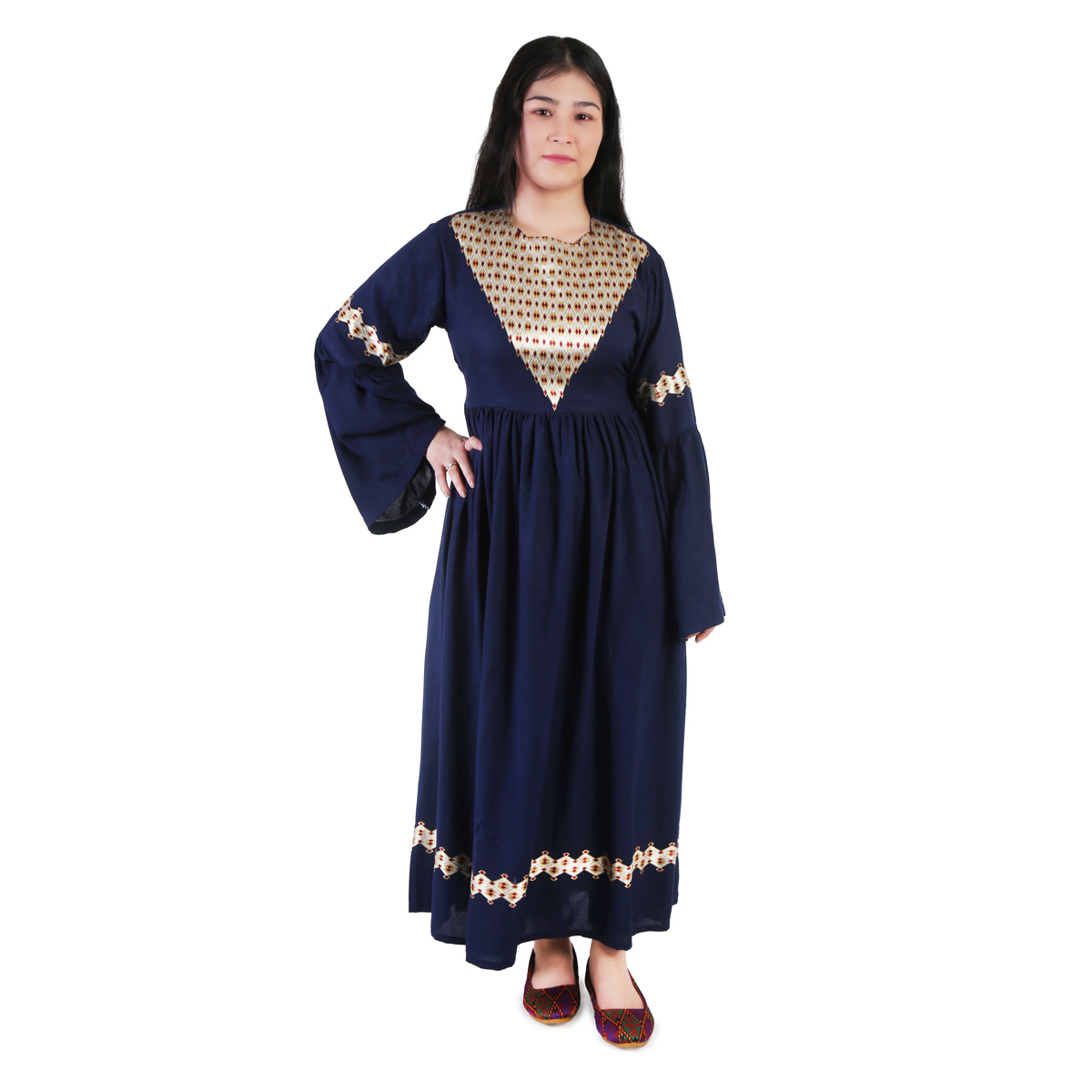 Golden Embroidered Pleated Frock | Navy Blue Bell Sleeve Hazaragi Dress