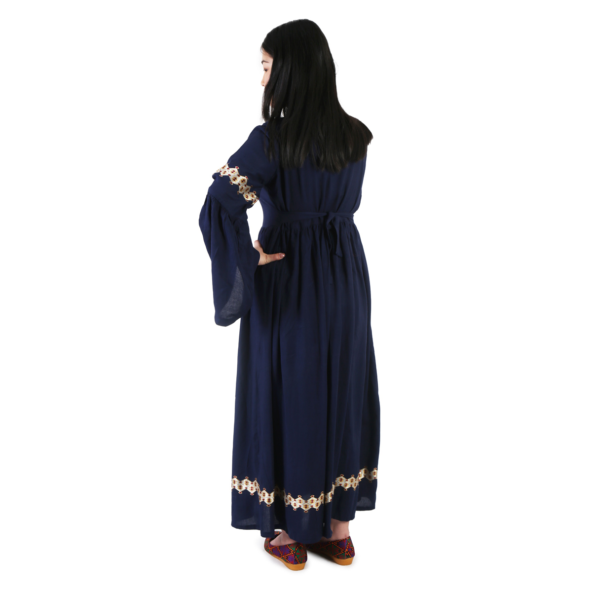 Golden Embroidered Pleated Frock | Navy Blue Bell Sleeve Hazaragi Dress