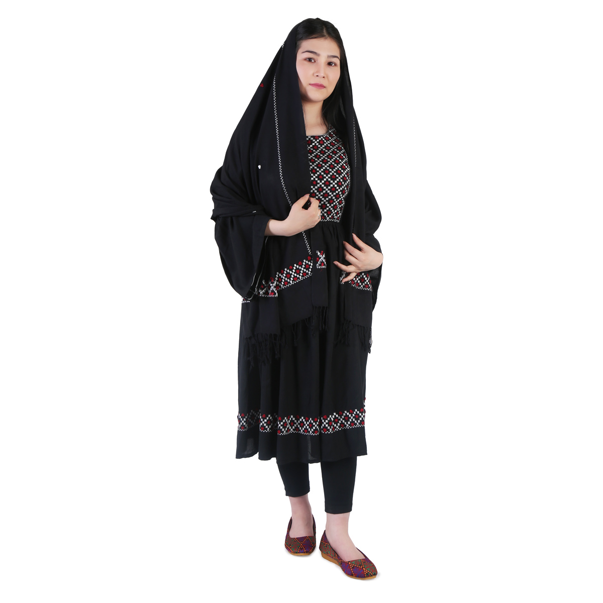 Simple Black Hazaragi Embroidered Dress | Short Pleated Cotton Dress