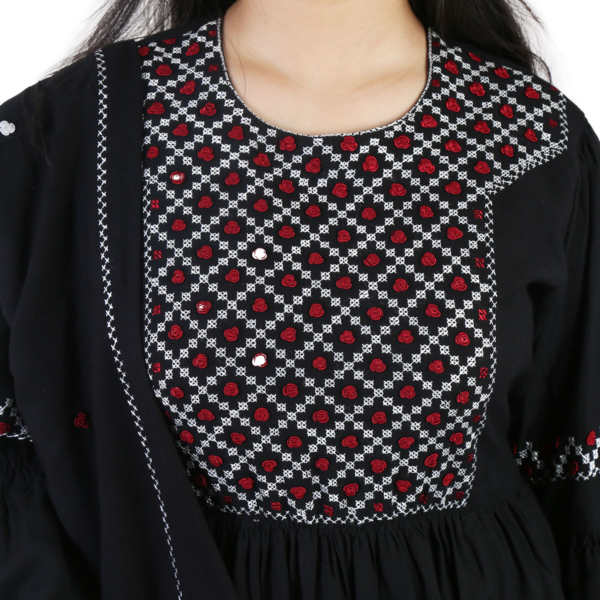 Simple Black Hazaragi Embroidered Dress | Short Pleated Cotton Dress