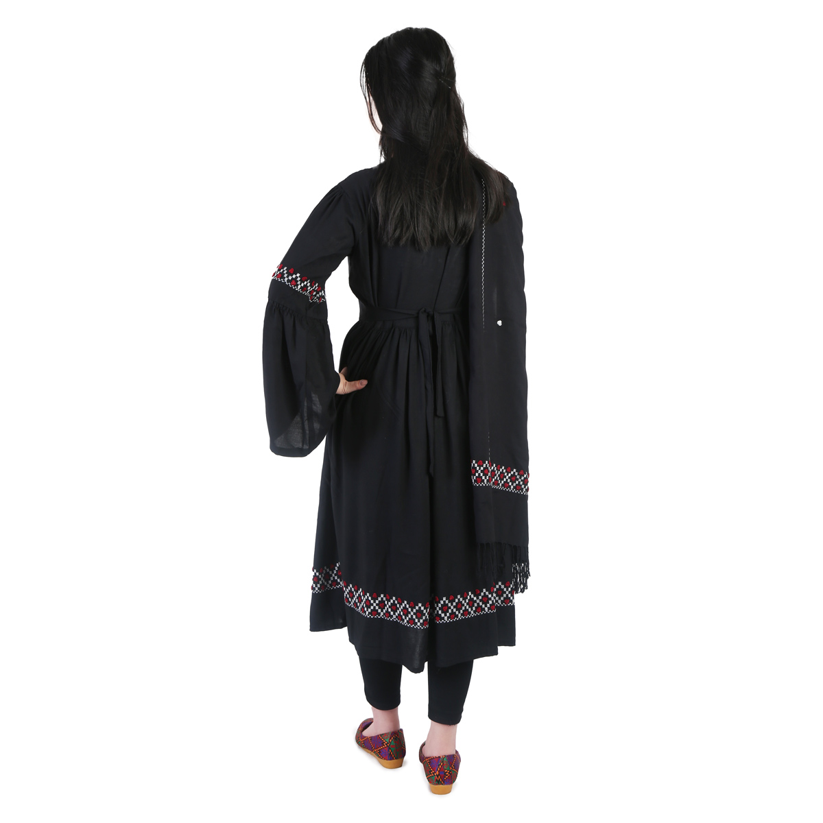 Simple Black Hazaragi Embroidered Dress | Short Pleated Cotton Dress
