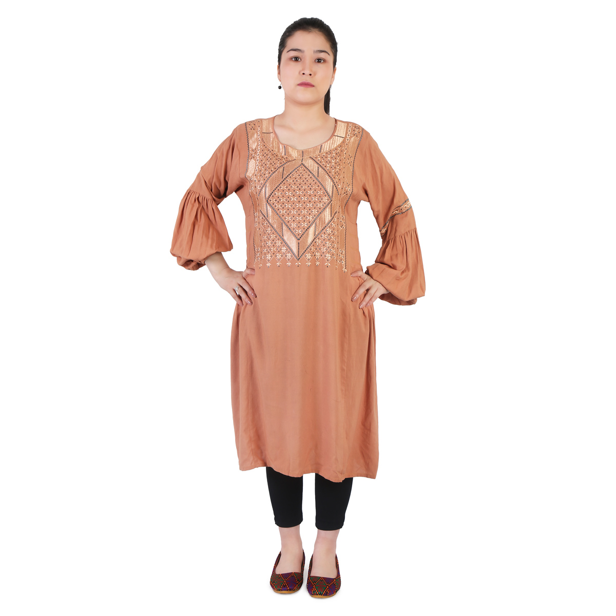 Sandstone Orange Cotton Simple Afghan Dress | Embroidered Dress With Puffed Sleeves
