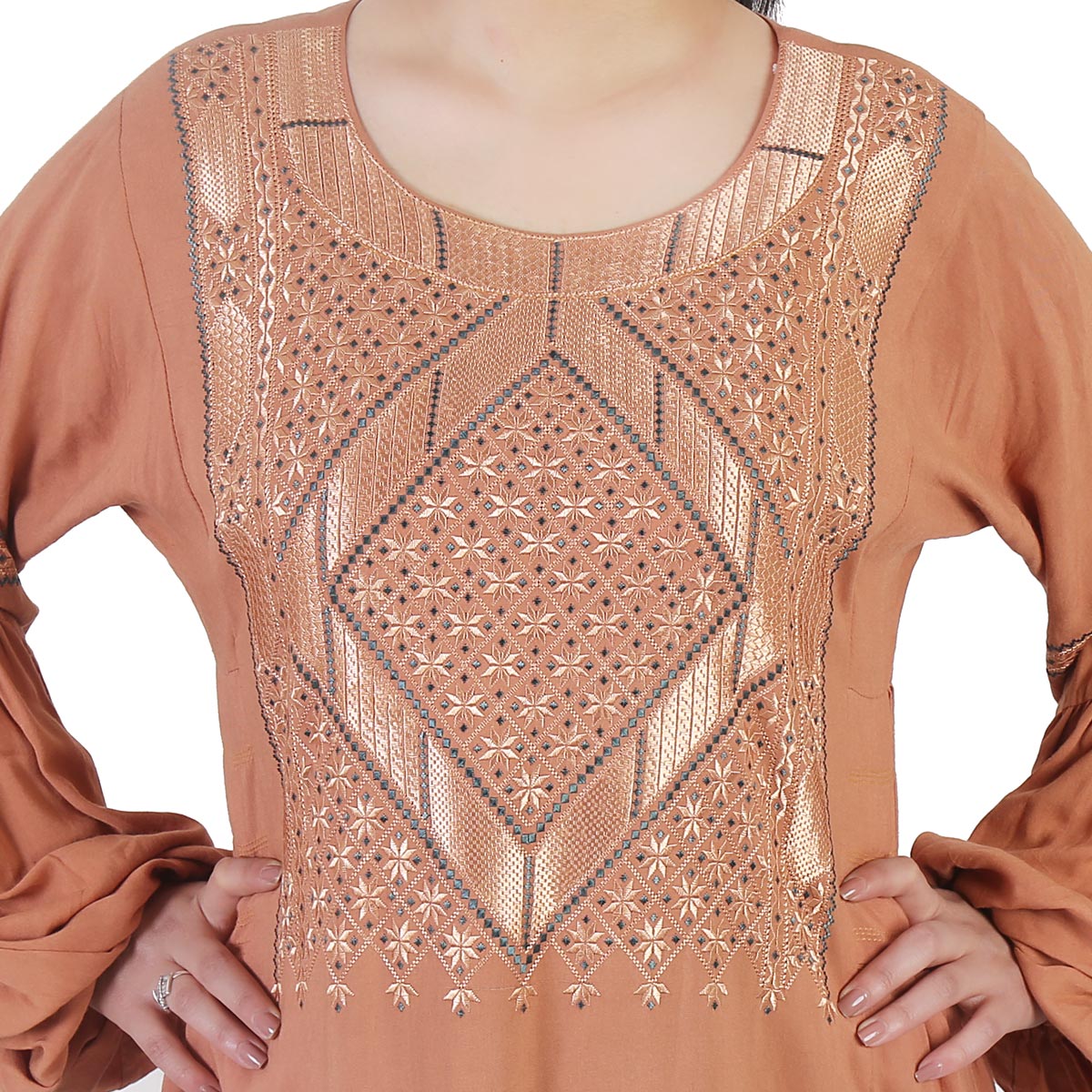 Sandstone Orange Cotton Simple Afghan Dress | Embroidered Dress With Puffed Sleeves