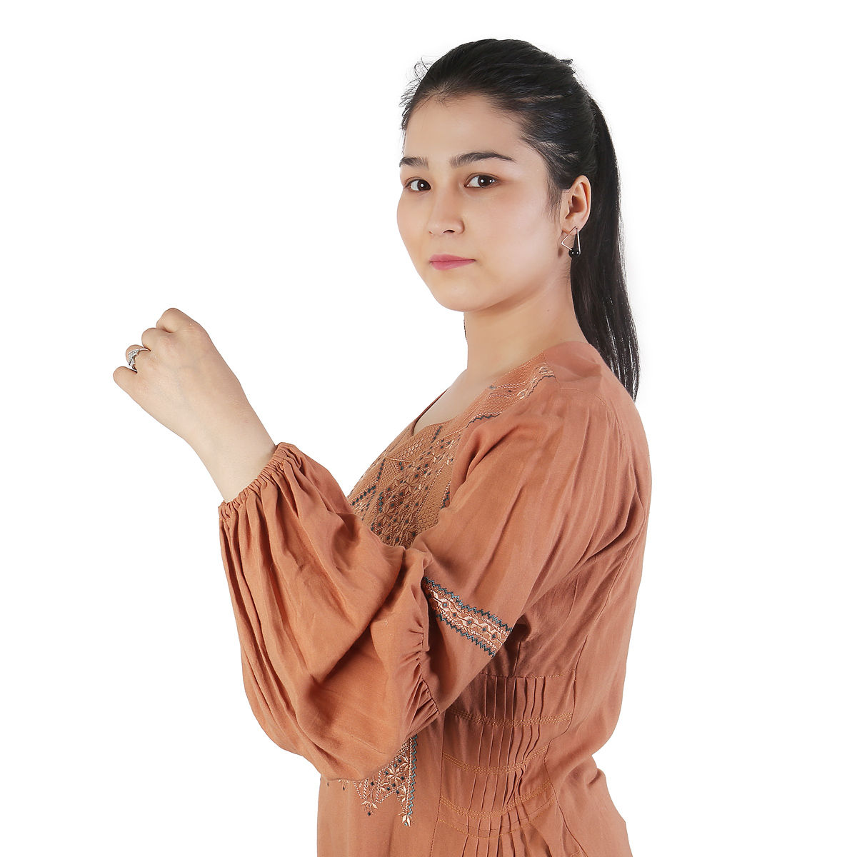 Sandstone Orange Cotton Simple Afghan Dress | Embroidered Dress With Puffed Sleeves