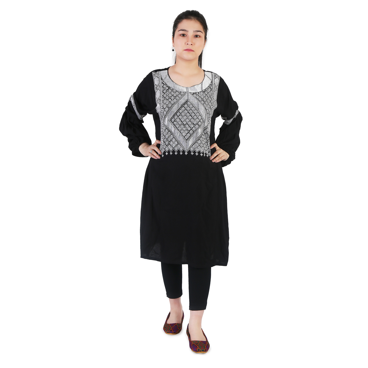 Black Cotton Plain Hazaragi Dress | Embroidered Casual Wear