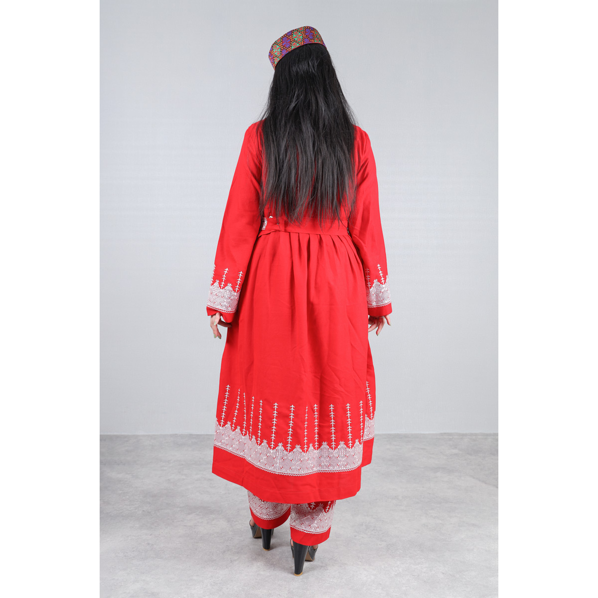 Red Hazaragi Embroidered Party Dress | Shaal Shari Dress With Jewelry & Hat