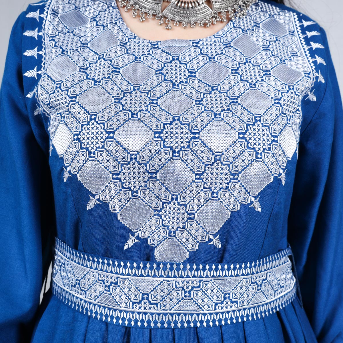 Blue Hazaragi Embroidered Dress | Shaal Shari Dress With Jewelry & Hat