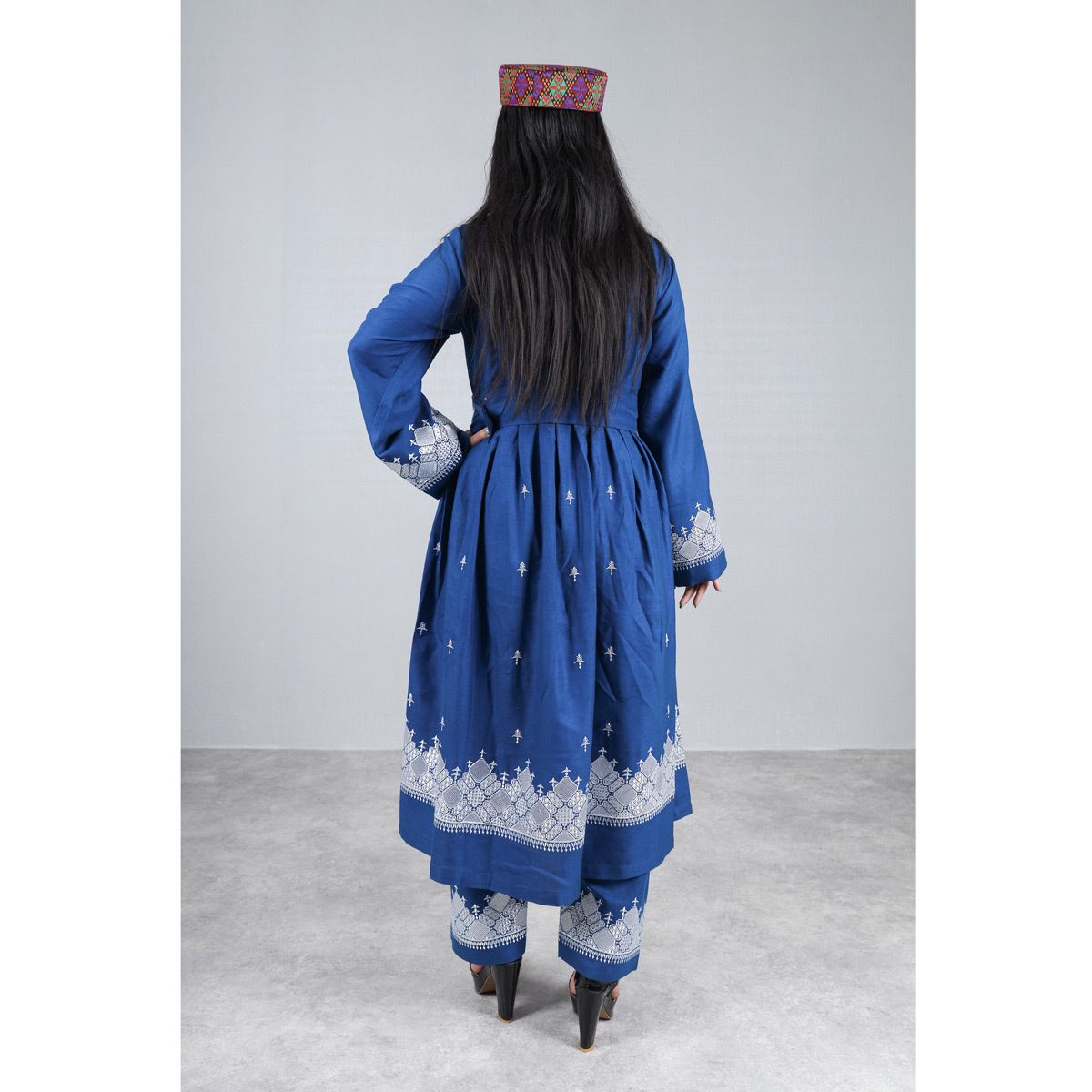 Blue Hazaragi Embroidered Dress | Shaal Shari Dress With Jewelry & Hat