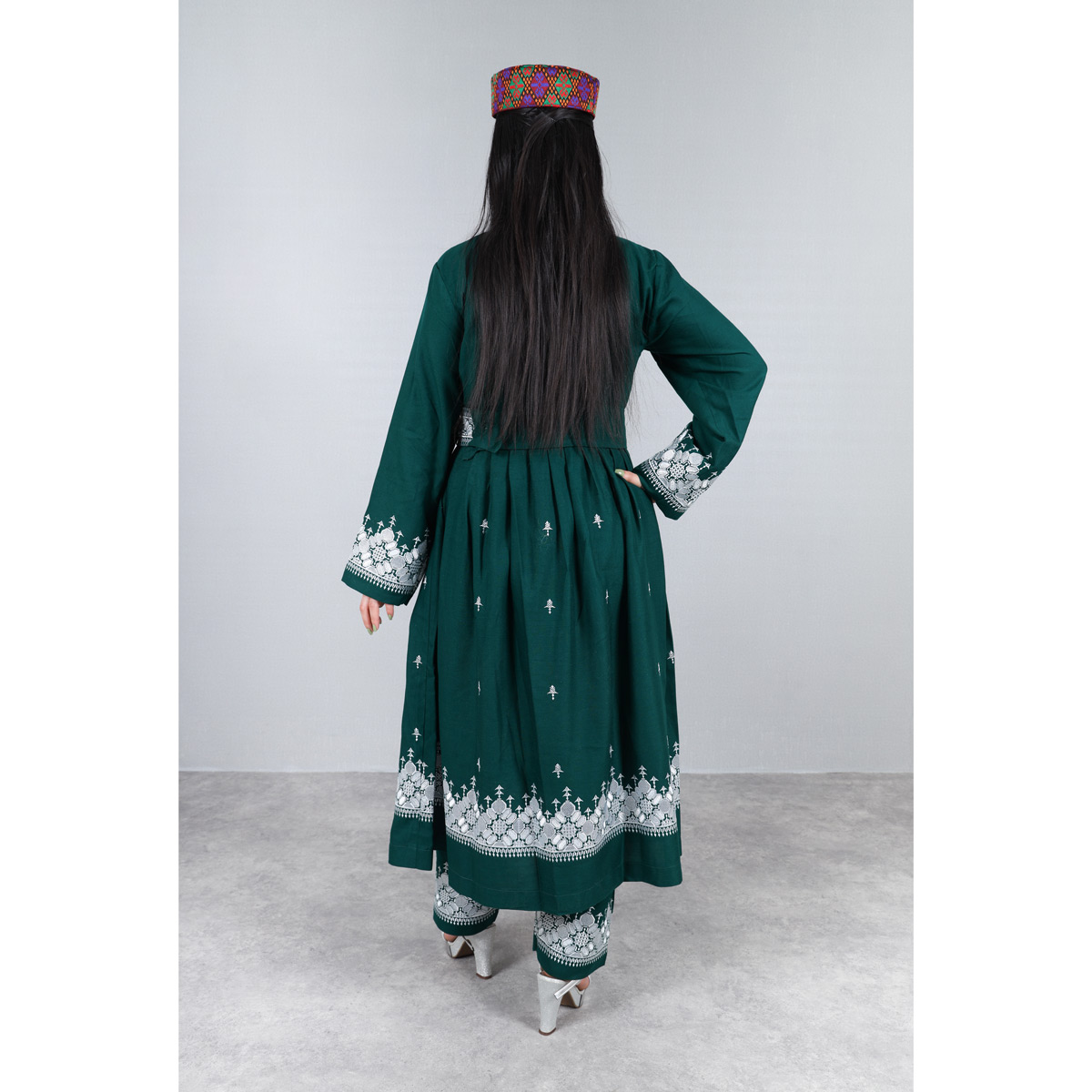 Dark Green Hazaragi Embroidered Dress | Shaal Shari Dress With Jewelry & Hat