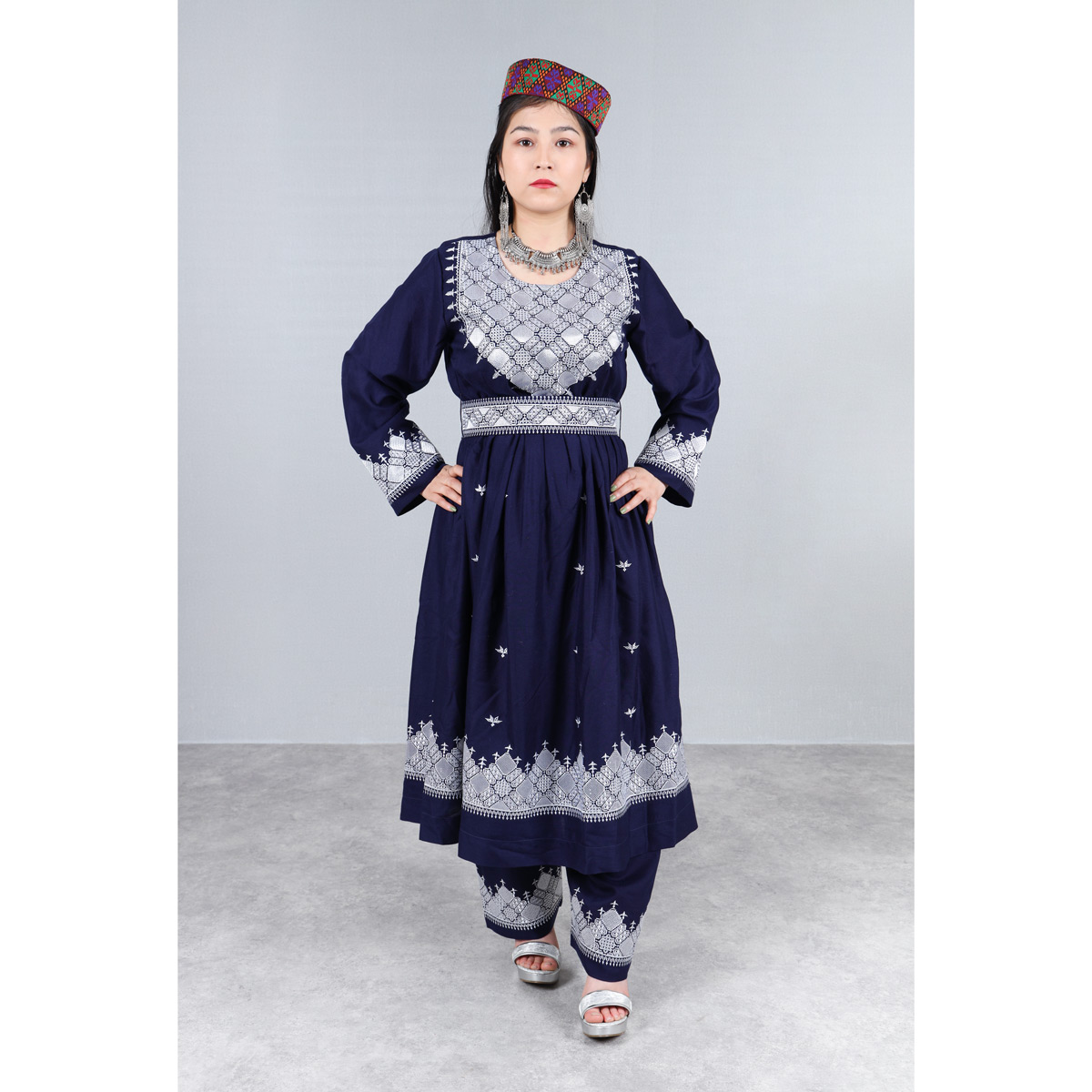 Navy Blue Hazaragi Embroidered Dress | Shaal Shari Dress With Jewelry & Hat