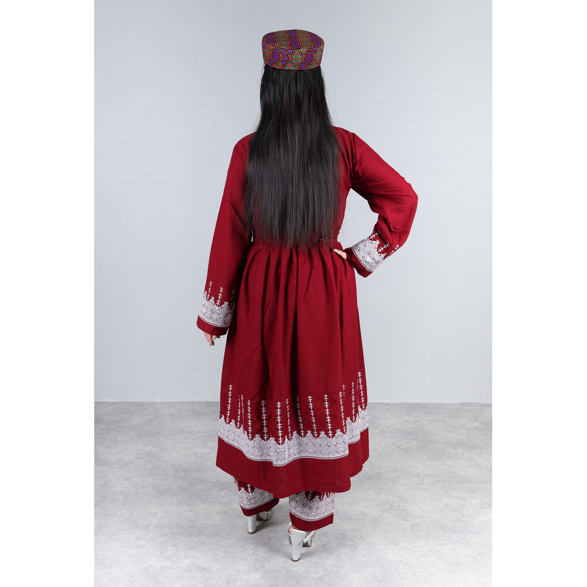 Maroon Red Hazaragi Embroidered Dress | Shaal Shari Dress With Jewelry & Hat