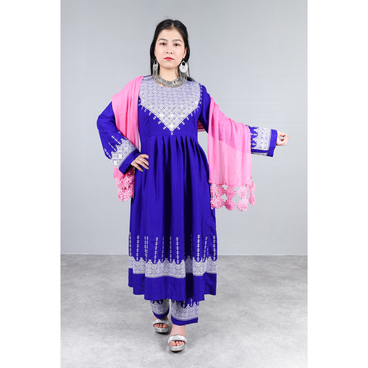 Royal Blue Hazaragi Embroidered Dress | Shaal Shari Dress
