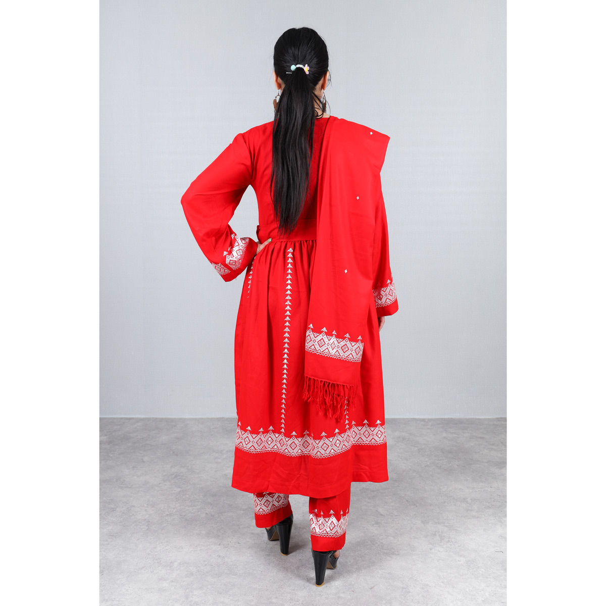 Red Hazaragi Embroidered Dress | Shaal Shari Dress With Jewelry, Shawl & Hat