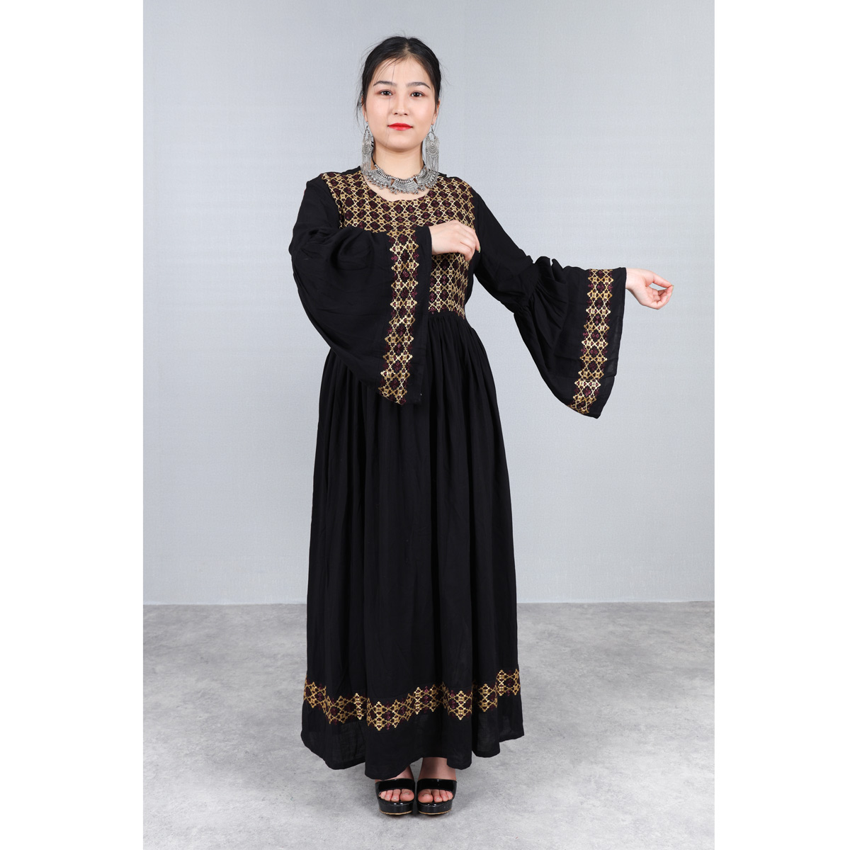 Linen Hand Embroidered Hazaragi Dress With Jewelry, Shawl & Hat | Black Simple Long Dress With Bell Sleeves