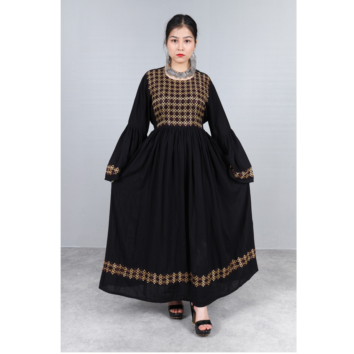 Linen Hand Embroidered Hazaragi Dress With Jewelry, Shawl & Hat | Black Simple Long Dress With Bell Sleeves