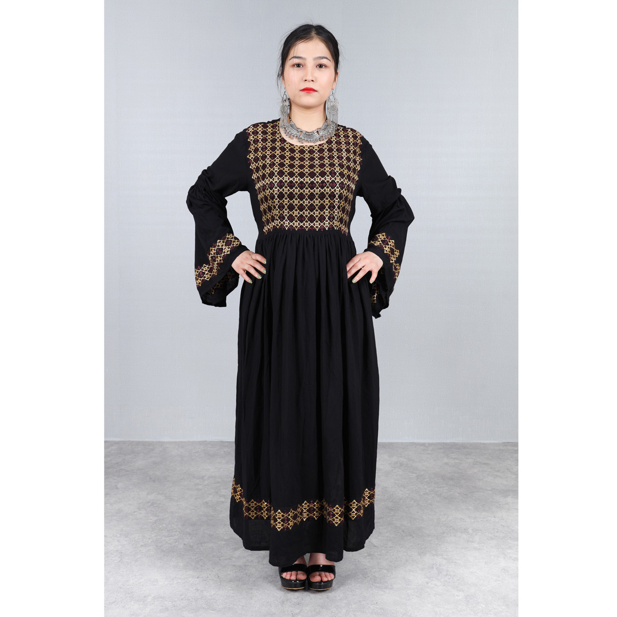 Linen Hand Embroidered Hazaragi Dress With Jewelry, Shawl & Hat | Black Simple Long Dress With Bell Sleeves