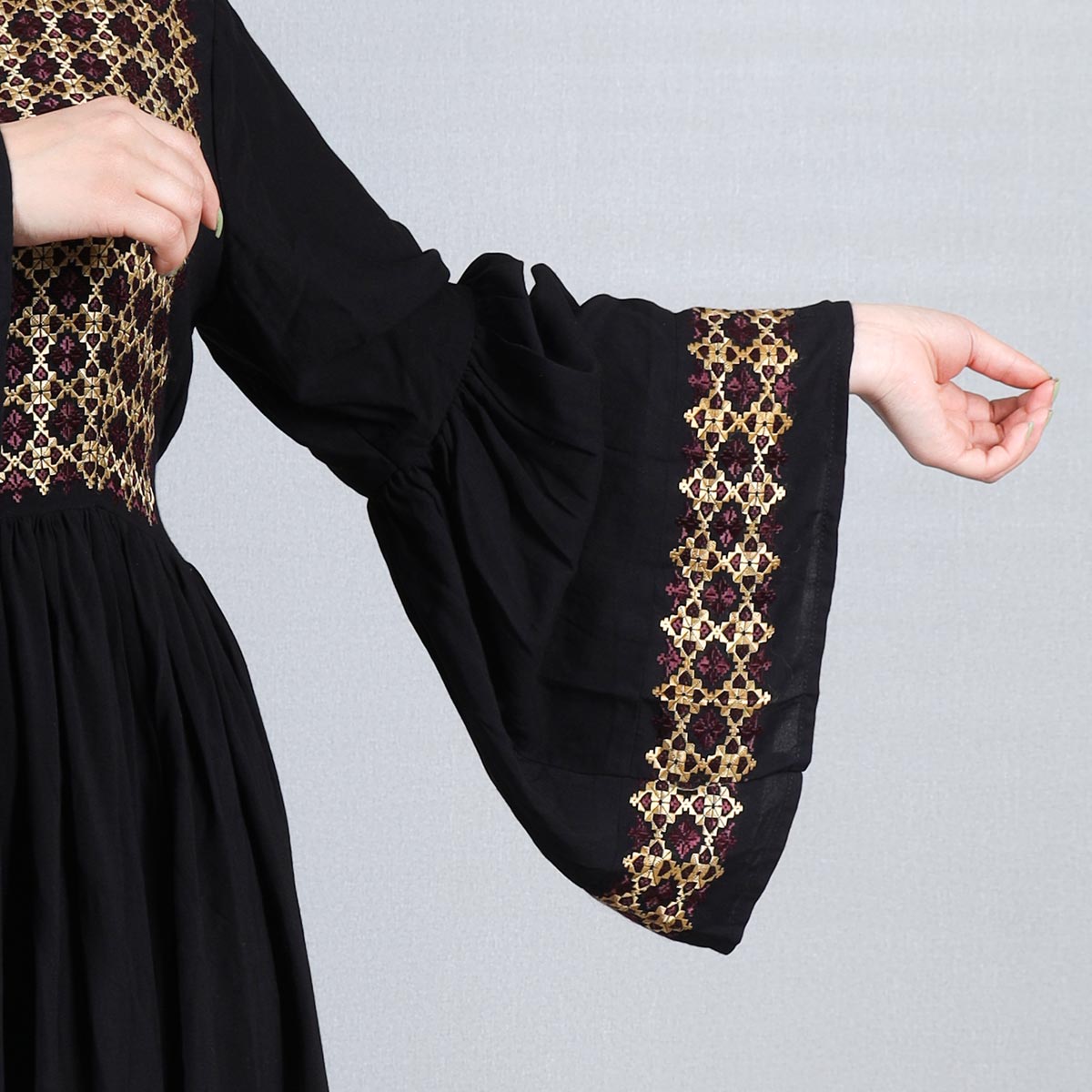 Linen Hand Embroidered Hazaragi Dress With Jewelry, Shawl & Hat | Black Simple Long Dress With Bell Sleeves