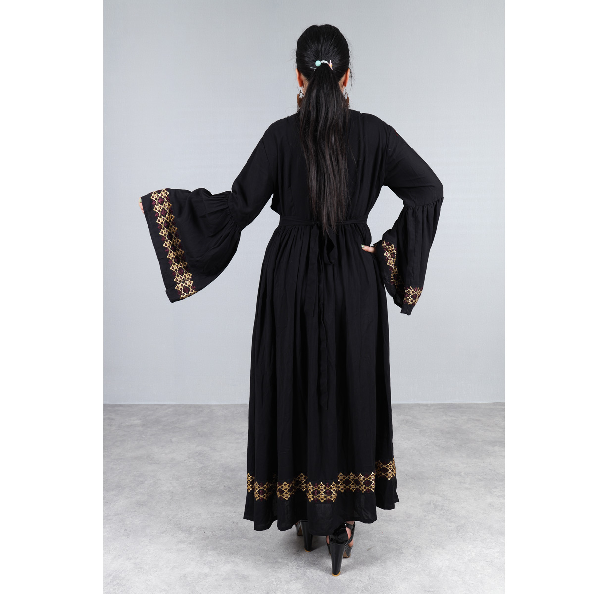 Linen Hand Embroidered Hazaragi Dress With Jewelry, Shawl & Hat | Black Simple Long Dress With Bell Sleeves