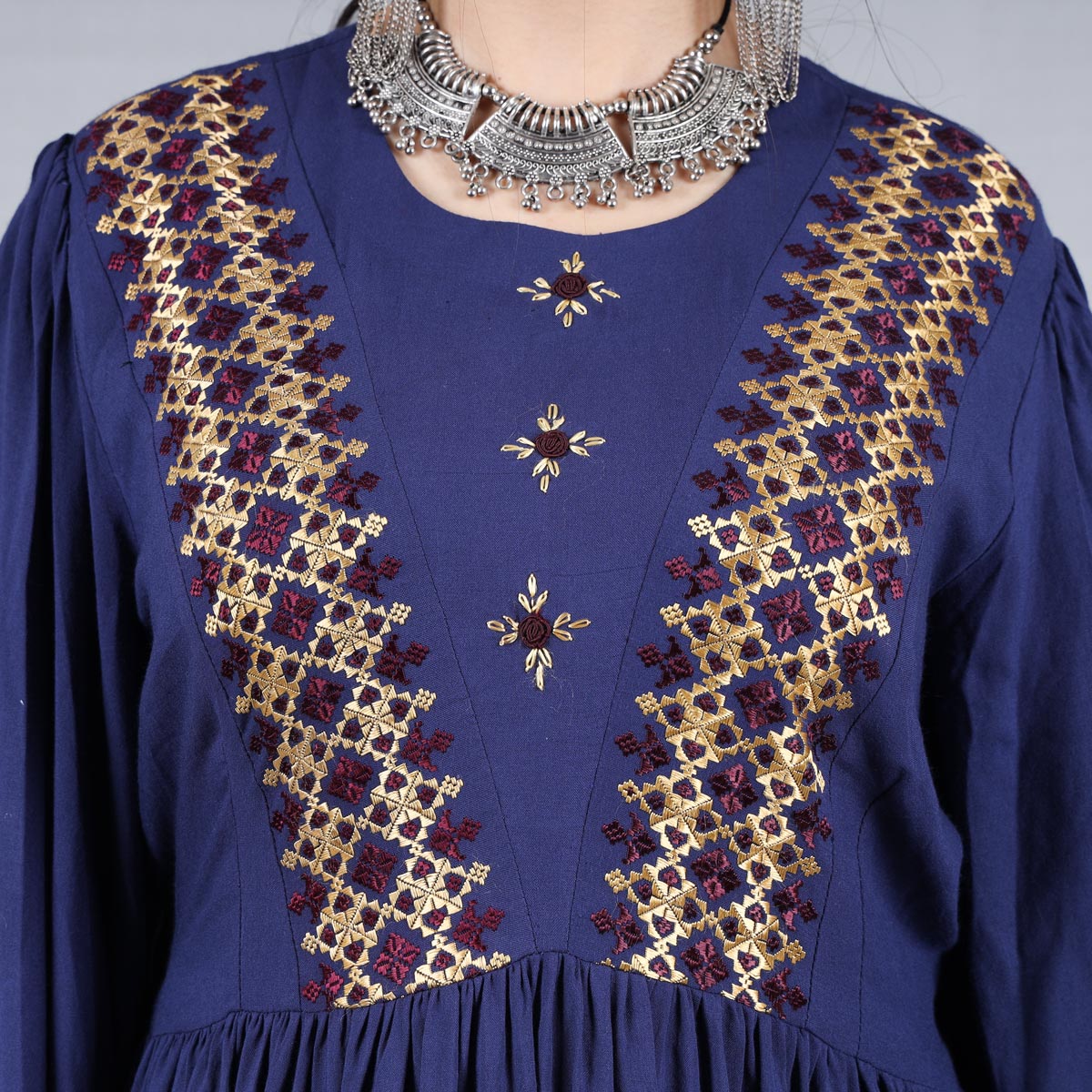 3-Piece Linen Hand Embroidered Hazaragi Dress With Jewelry | Denim Blue Simple Long Dress