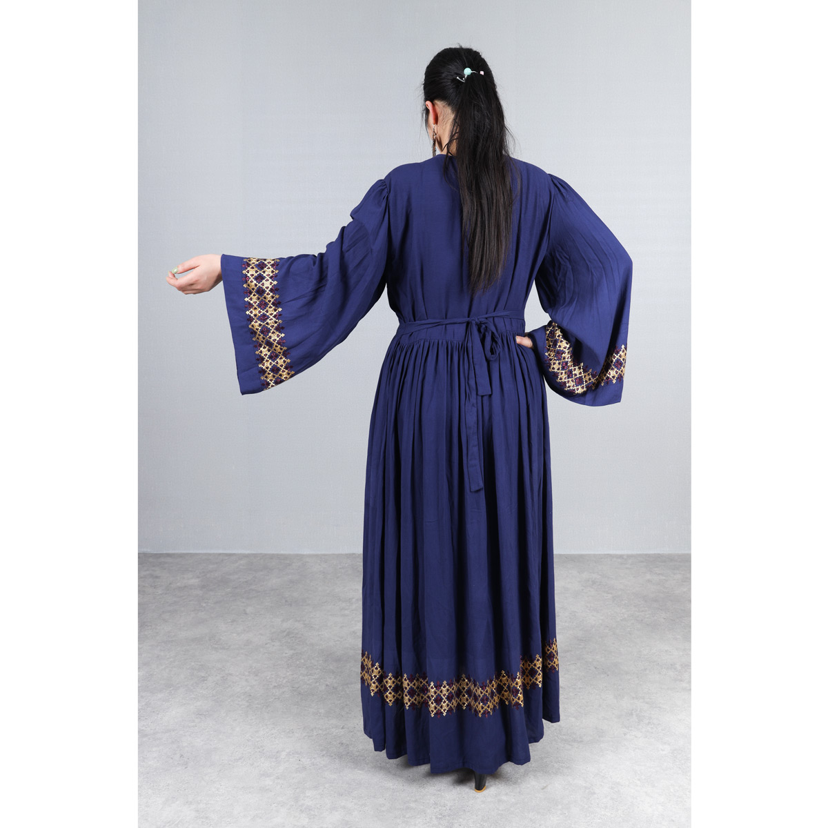 3-Piece Linen Hand Embroidered Hazaragi Dress With Jewelry | Denim Blue Simple Long Dress