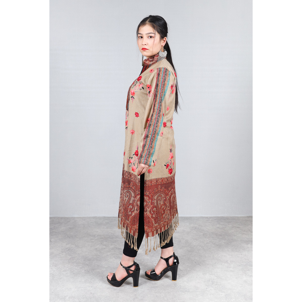 All-Over Floral Embroidered Dress | Brown Winter Wear Shawl Dress