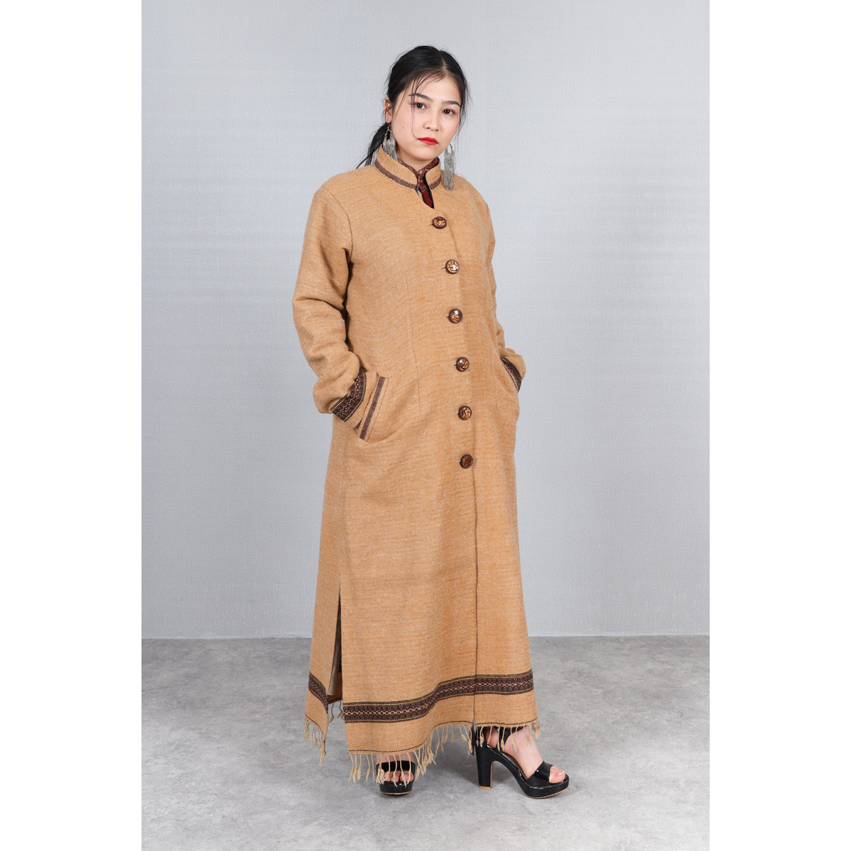 Brown Woolen Embroidered Coat | Long Women's Coat