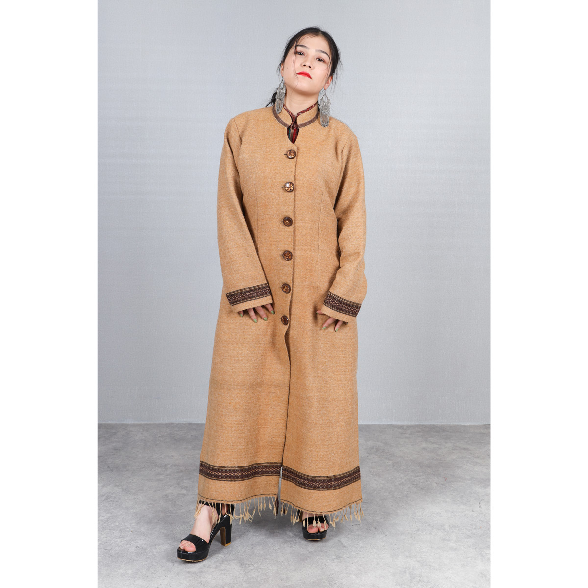 Brown Woolen Embroidered Coat | Long Women's Coat