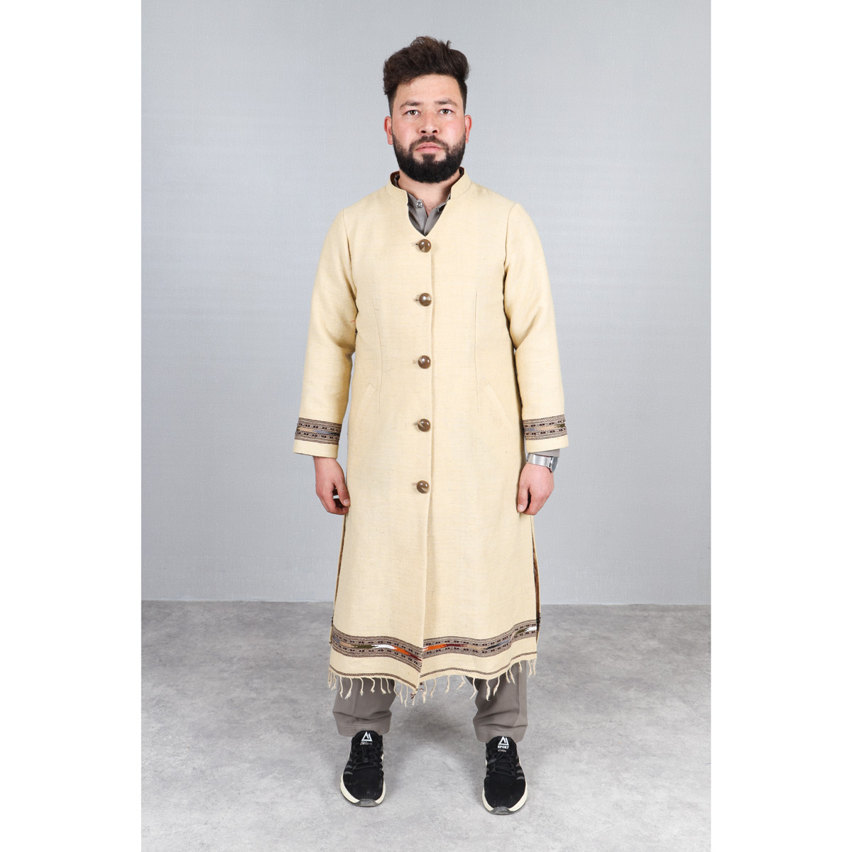 Cream Woolen Coat | Long Embroidered Men's Coat