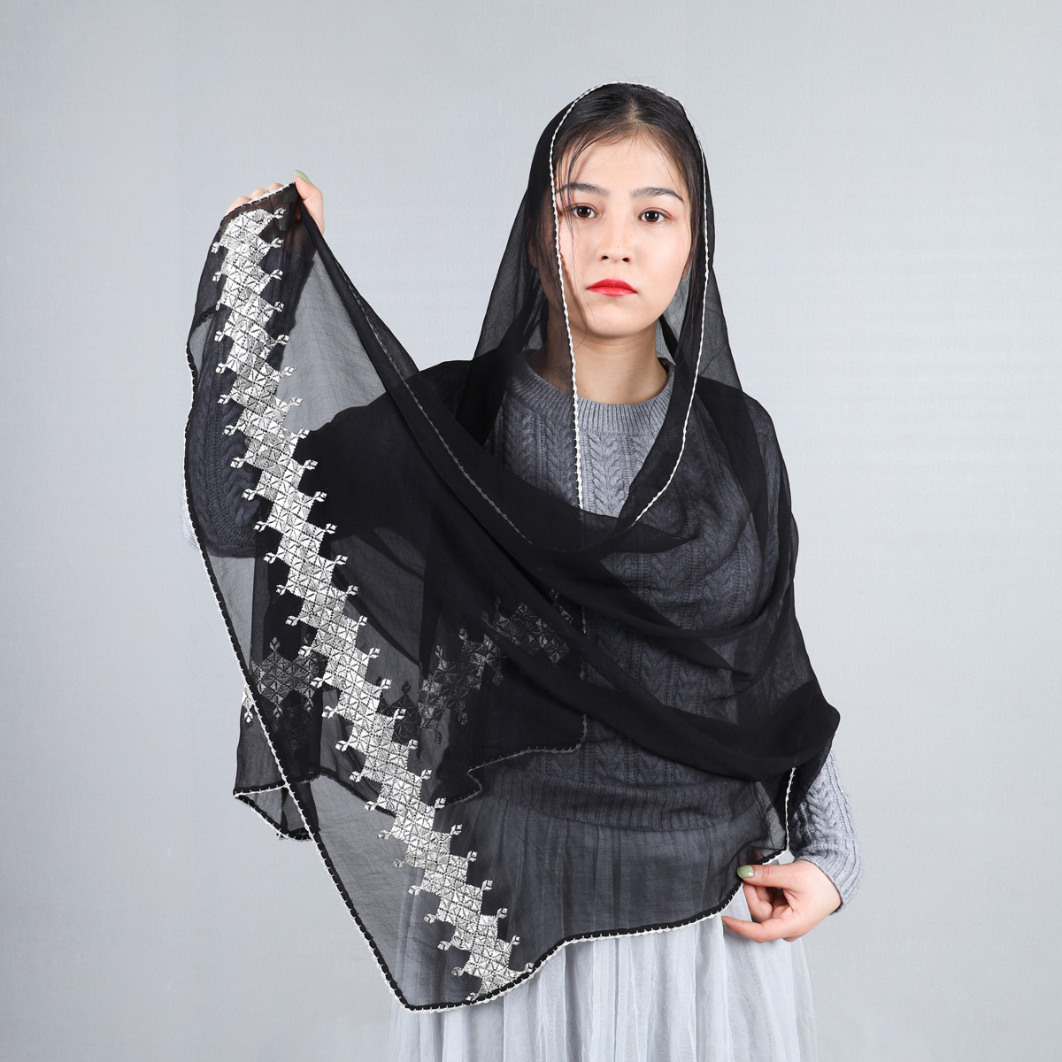 Black Hand Embroidered Scarf