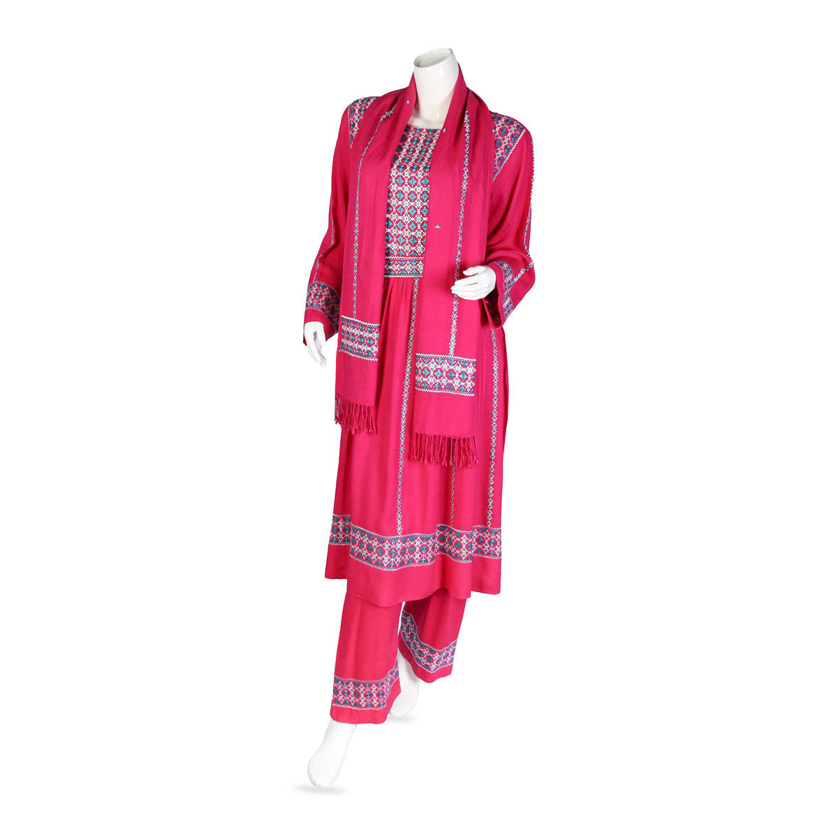 3 Piece Cotton Suit | Pleated Short Frock With White Embroidery