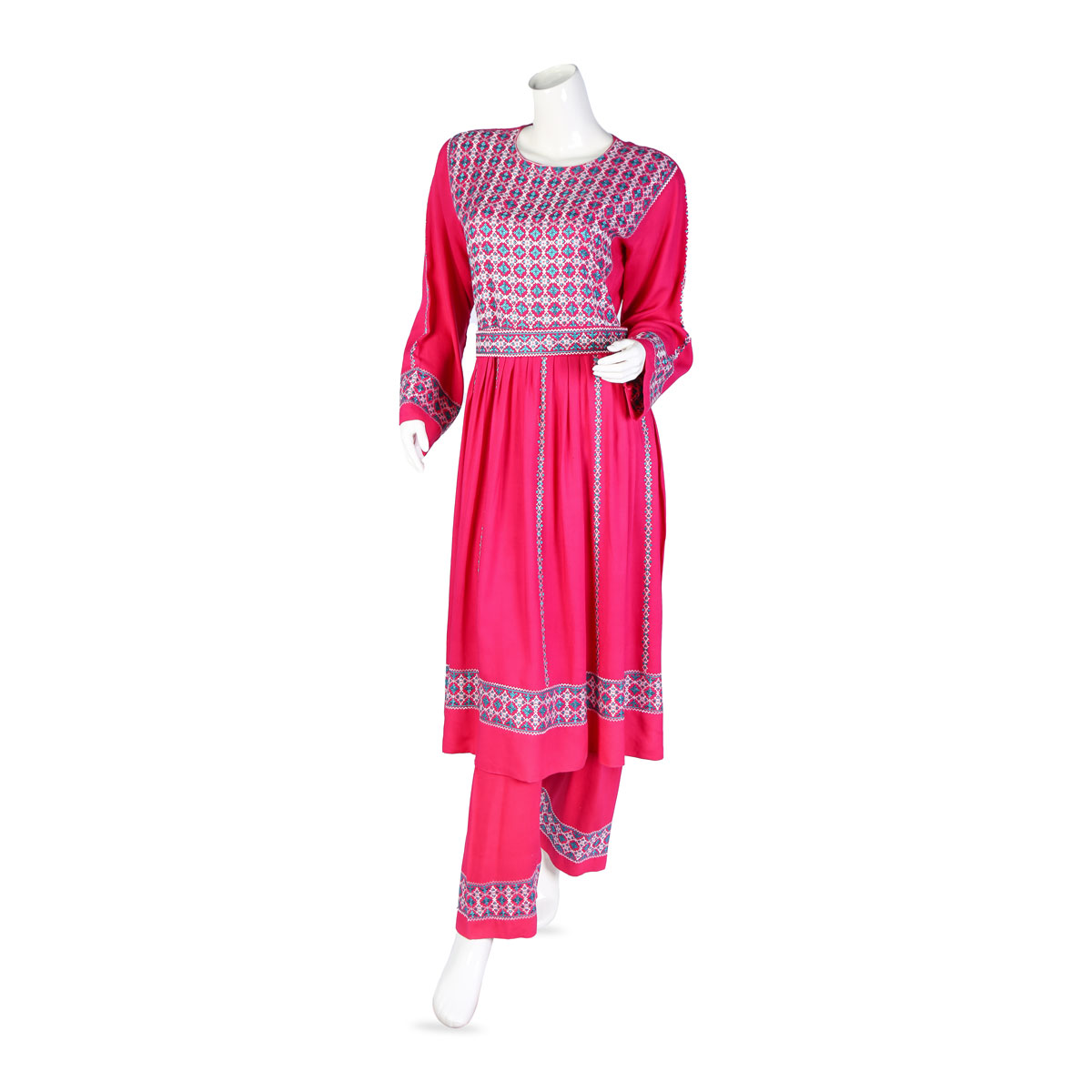3 Piece Cotton Suit | Pleated Short Frock With White Embroidery