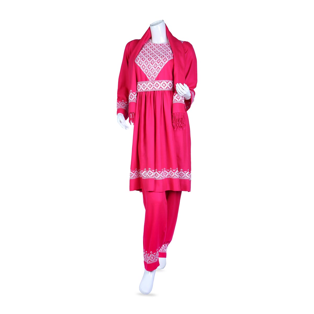 3 Piece Simple Pink Afghan Cotton Suit | Traditional Dress with White Embroidery