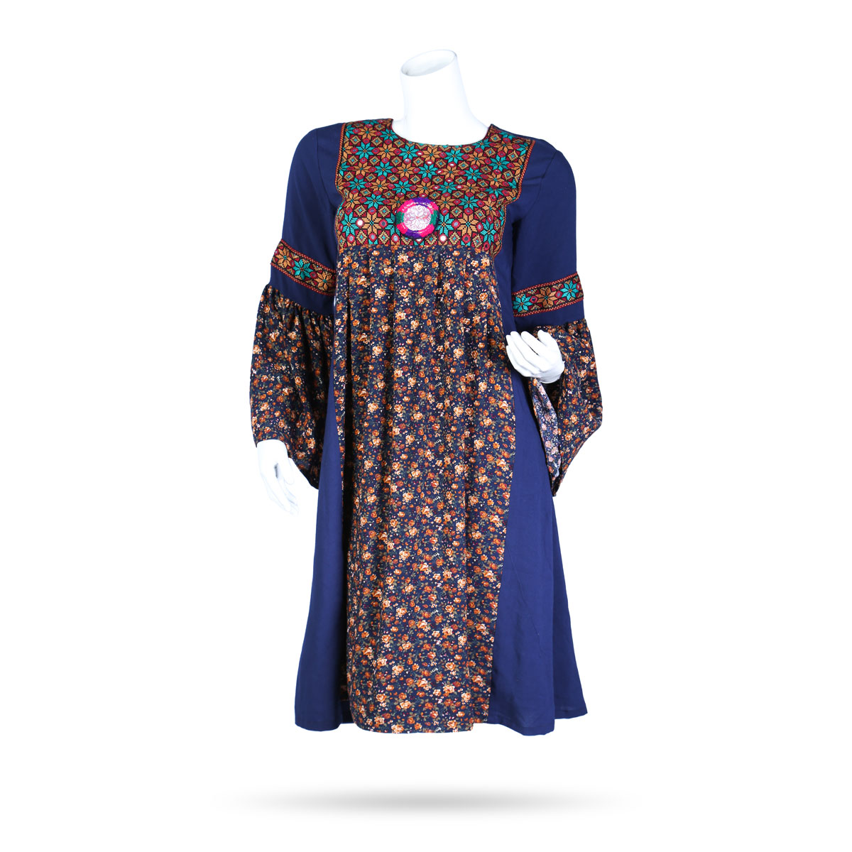 Blue Printed Cotton Dress | Bell Sleeve Embroidered Dress