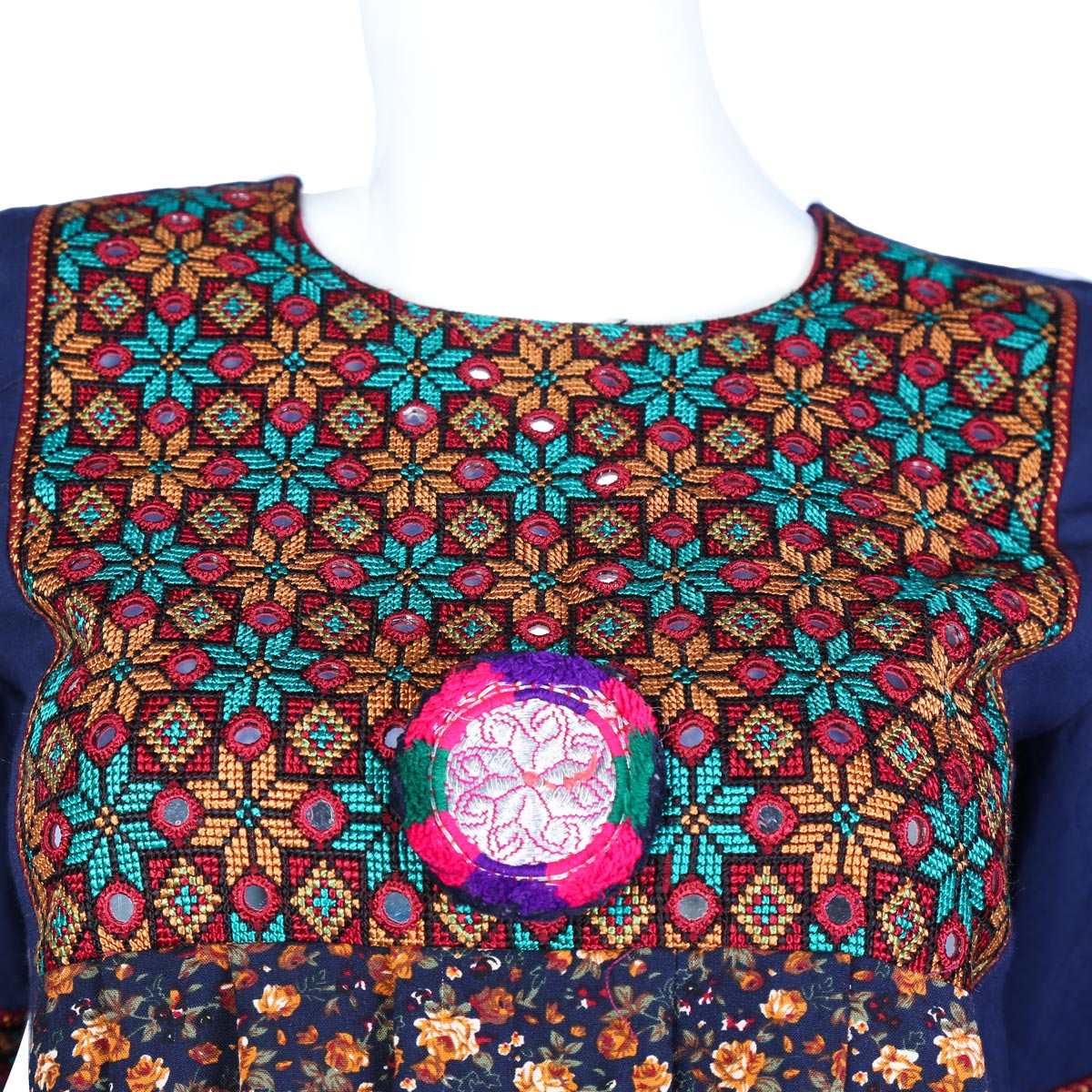 Blue Printed Cotton Dress | Bell Sleeve Embroidered Dress