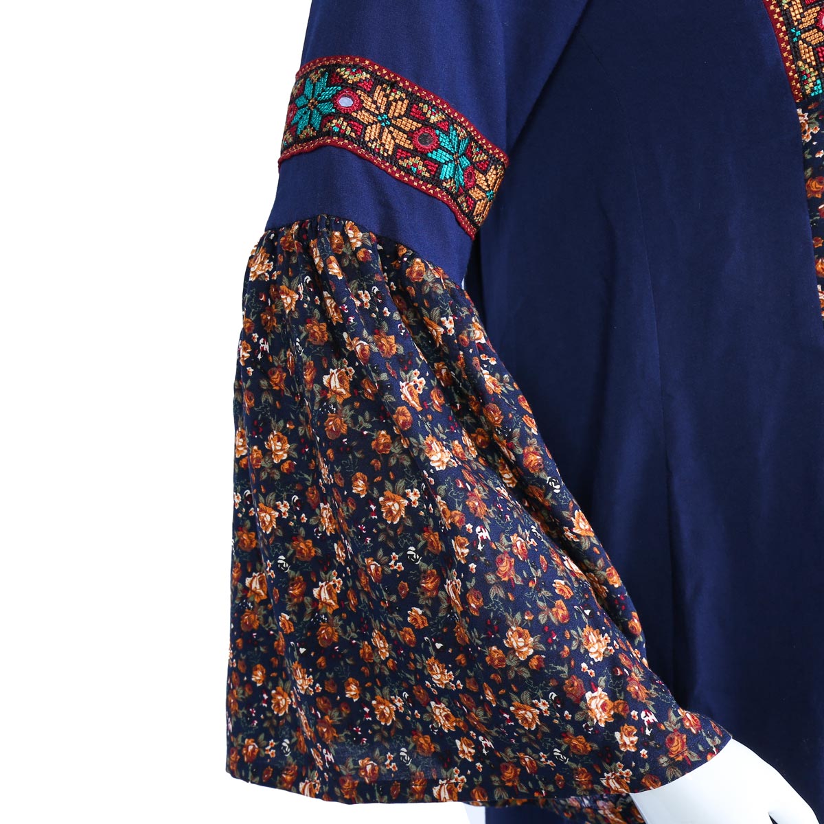 Blue Printed Cotton Dress | Bell Sleeve Embroidered Dress