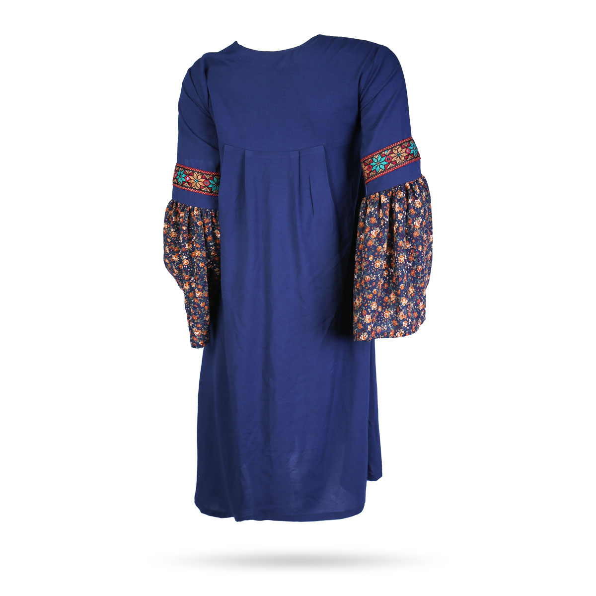 Blue Printed Cotton Dress | Bell Sleeve Embroidered Dress