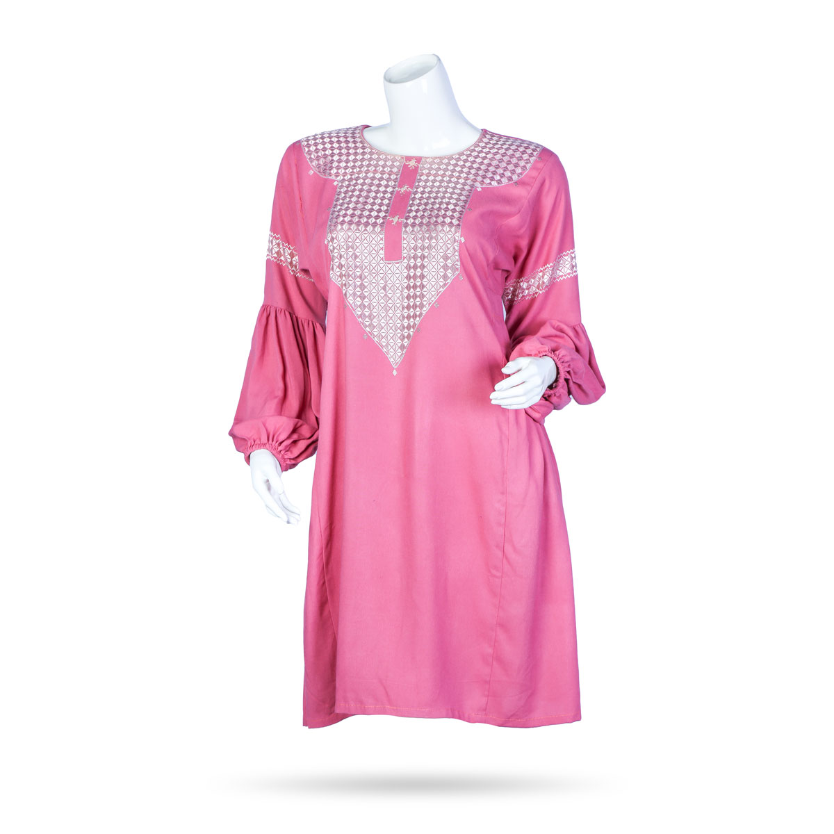 Pink Embroidered Cuffed Sleeve Dress | Casual Wear Shirt