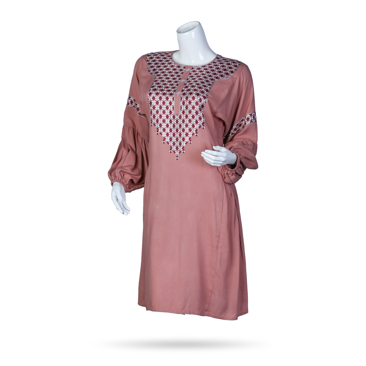 Rosewood Cotton Short Dress | Cuffed Sleeves Plain Dress