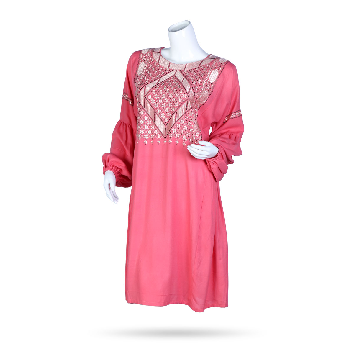 Light Pink Cotton Casual Wear | Cuffed Sleeves Plain Dress