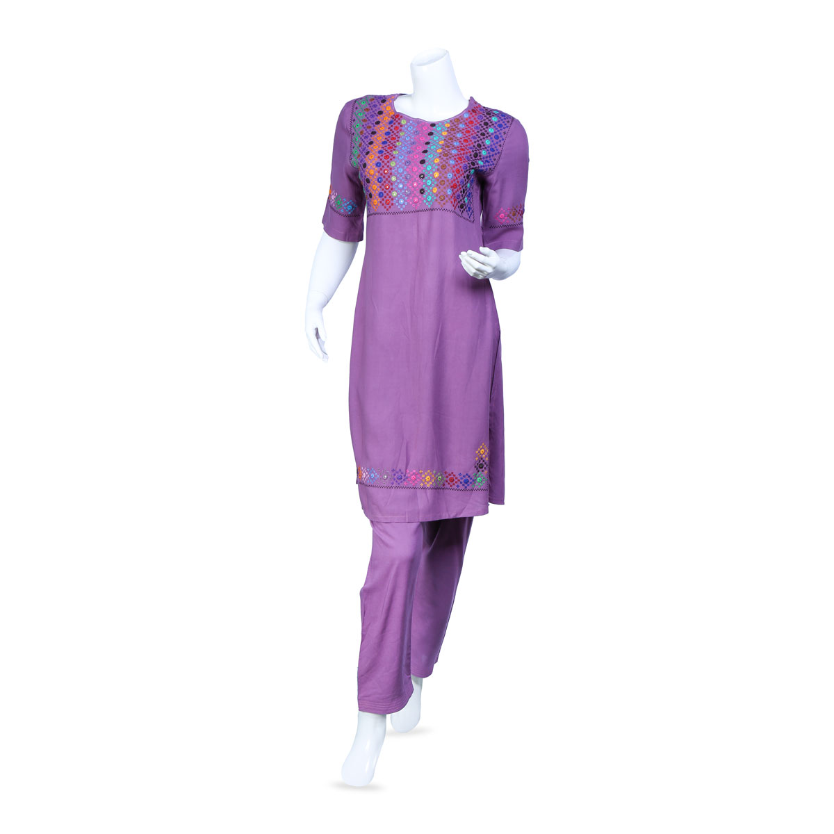 Purple Cotton Plain Embroidered Dress | 2 Piece Short Dress