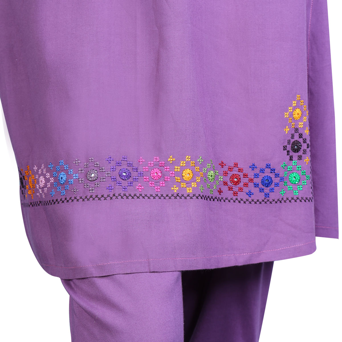 Purple Cotton Plain Embroidered Dress | 2 Piece Short Dress