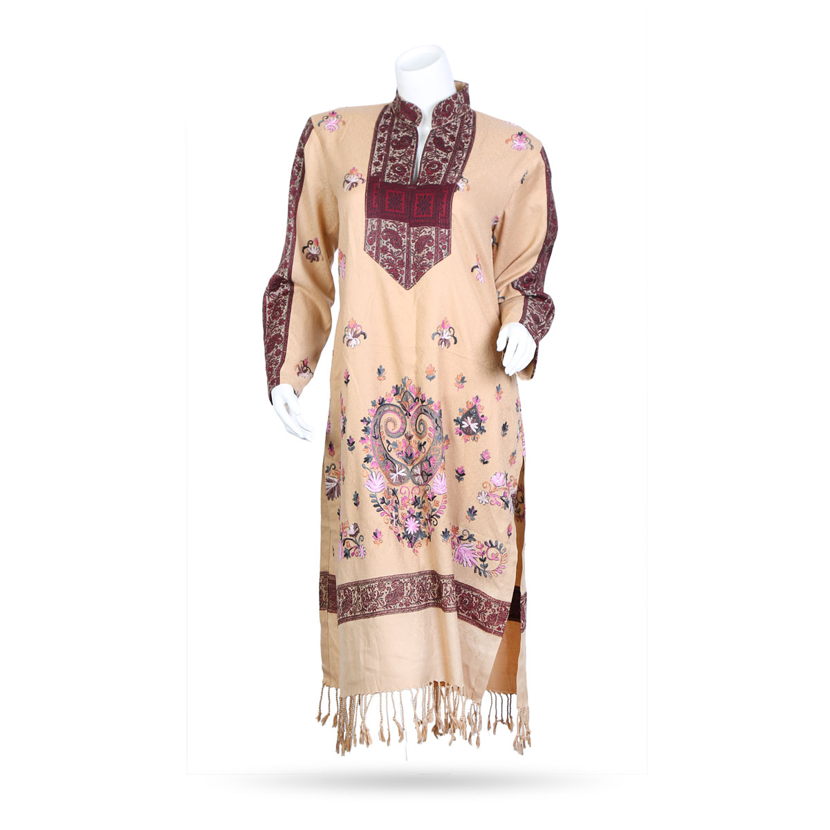 All-over Floral Work Woolen Dress | Light Brown Collared Dress