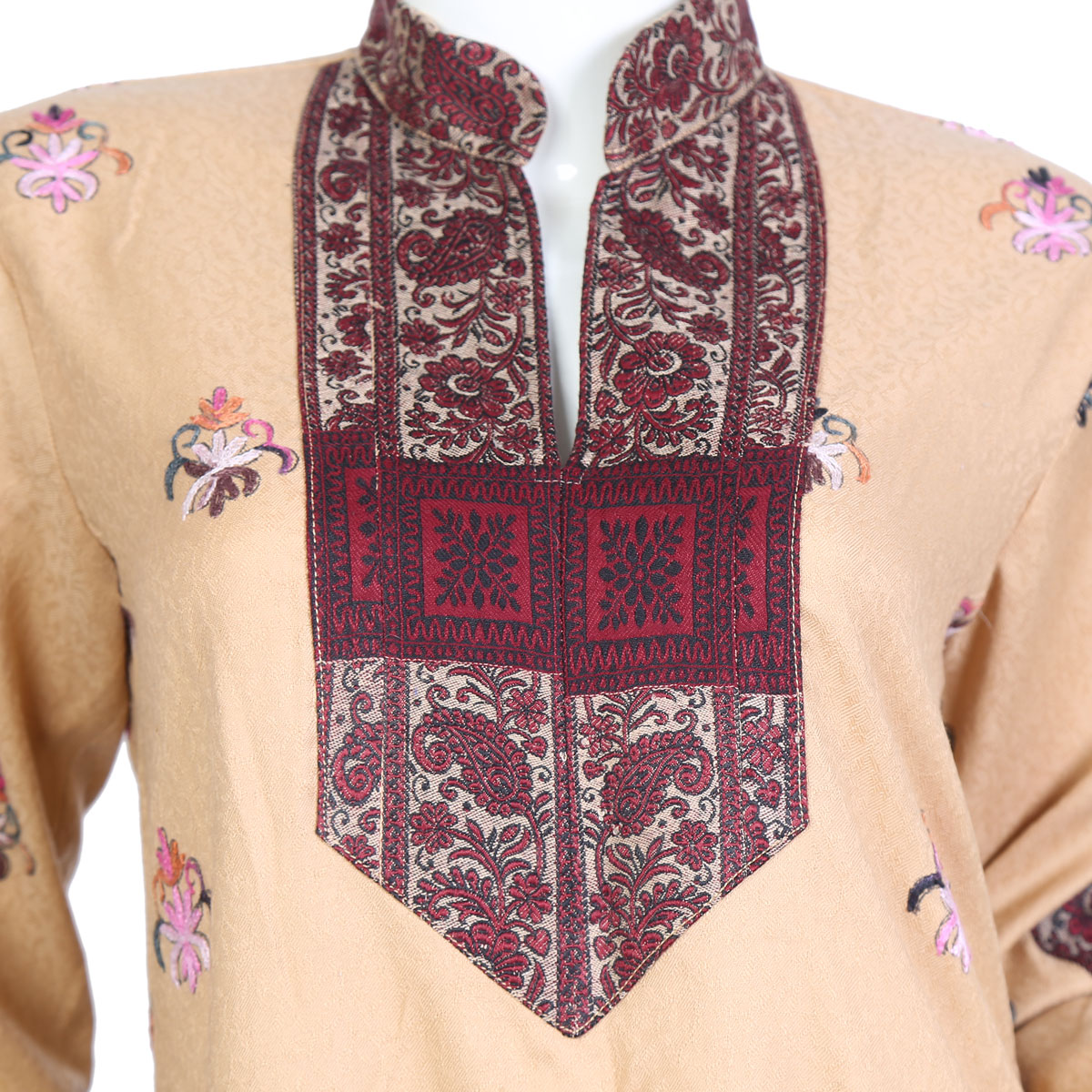 All-over Floral Work Woolen Dress | Light Brown Collared Dress