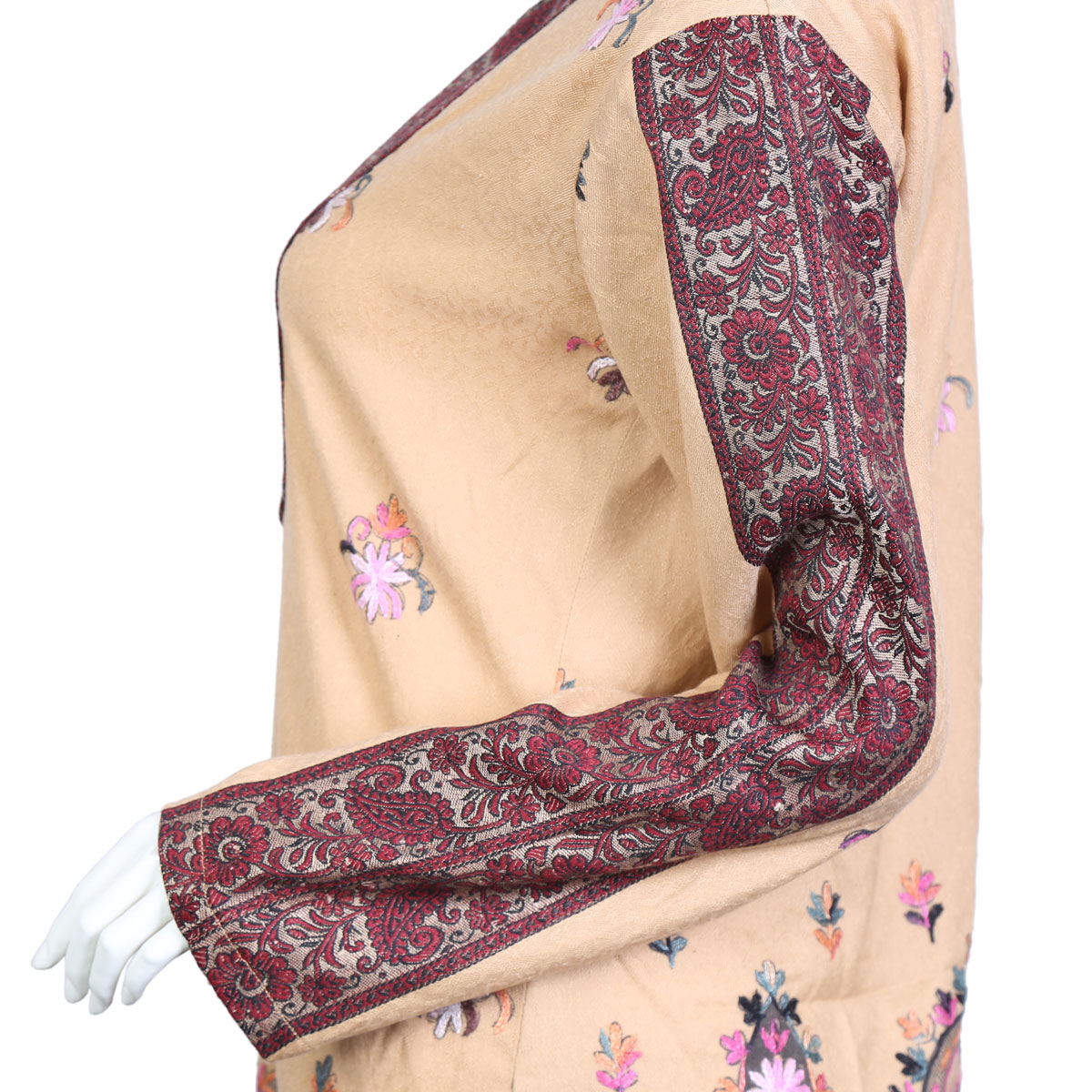 All-over Floral Work Woolen Dress | Light Brown Collared Dress