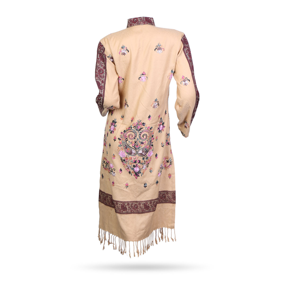 All-over Floral Work Woolen Dress | Light Brown Collared Dress