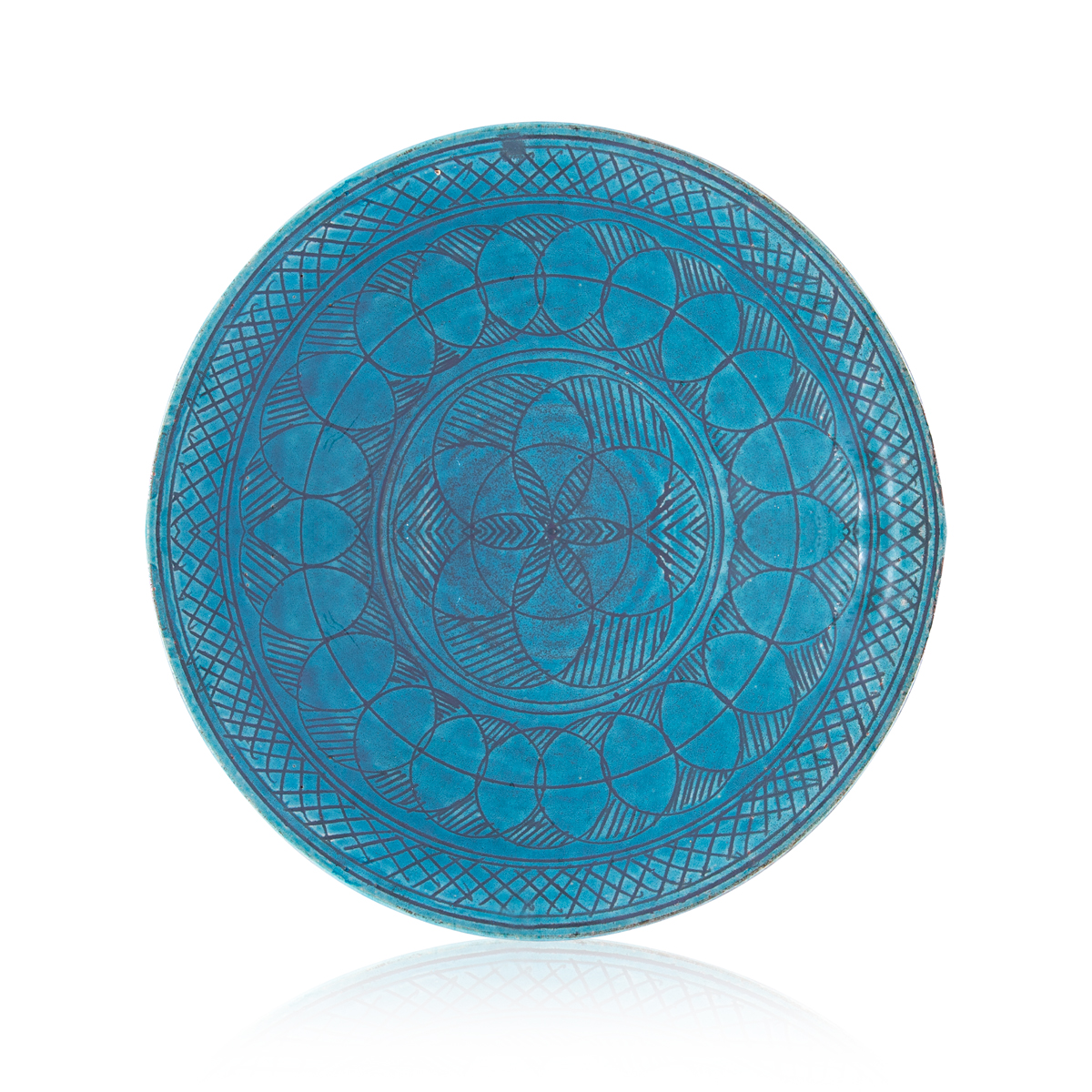 Three plate set Istalif Ceramic Large Footed Clay Turquoise Plate With Black Hand-Design