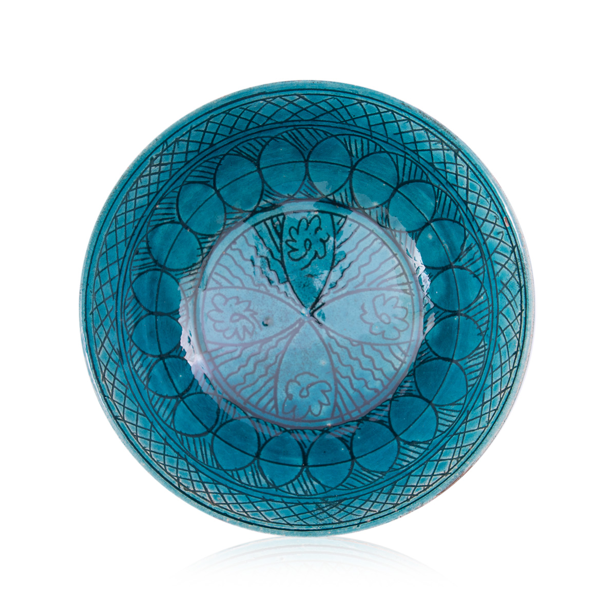 Istalif Ceramic Turquoise Bowl With Continental Hand-Drawn Illustrations