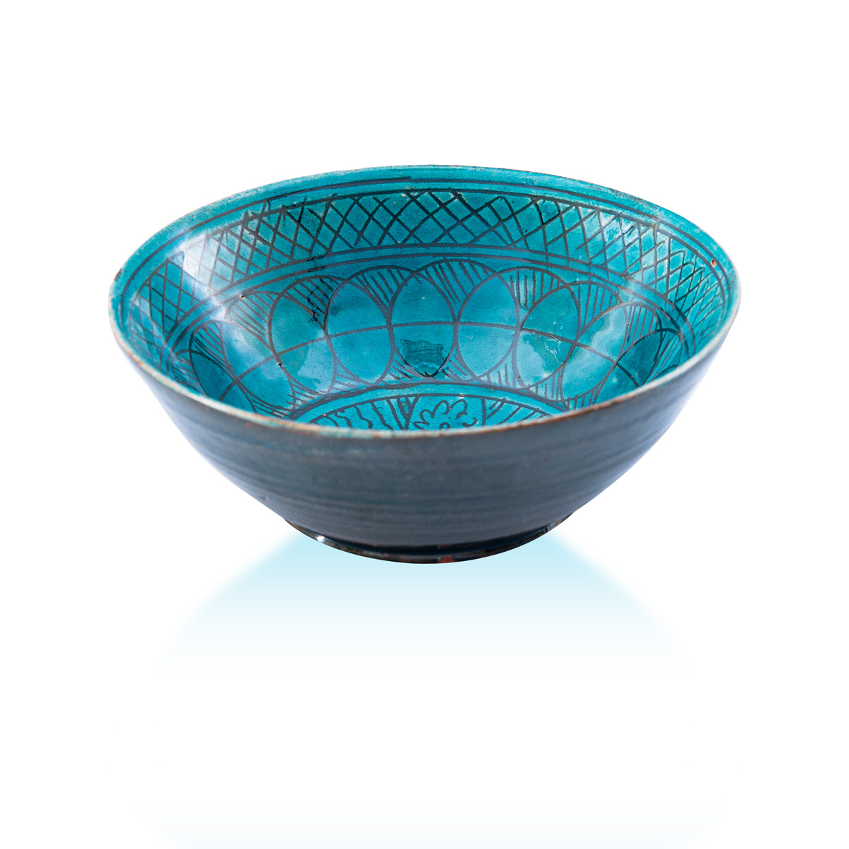 Istalif Ceramic Turquoise Bowl With Continental Hand-Drawn Illustrations